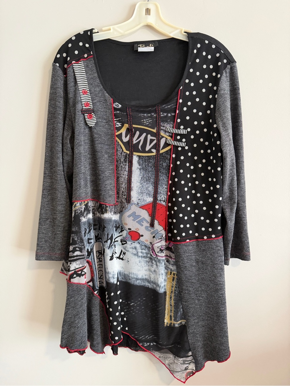 Bali Wearable Art Asymmetrical Tunic Top Size XL Mixed Media Patchwork Long Top